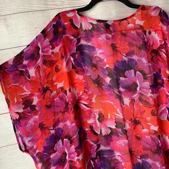 Catalina Pink and Red Floral Swimsuit Cover Up Fringe Cardigan Kimono Size L - Picture 9 of 16
